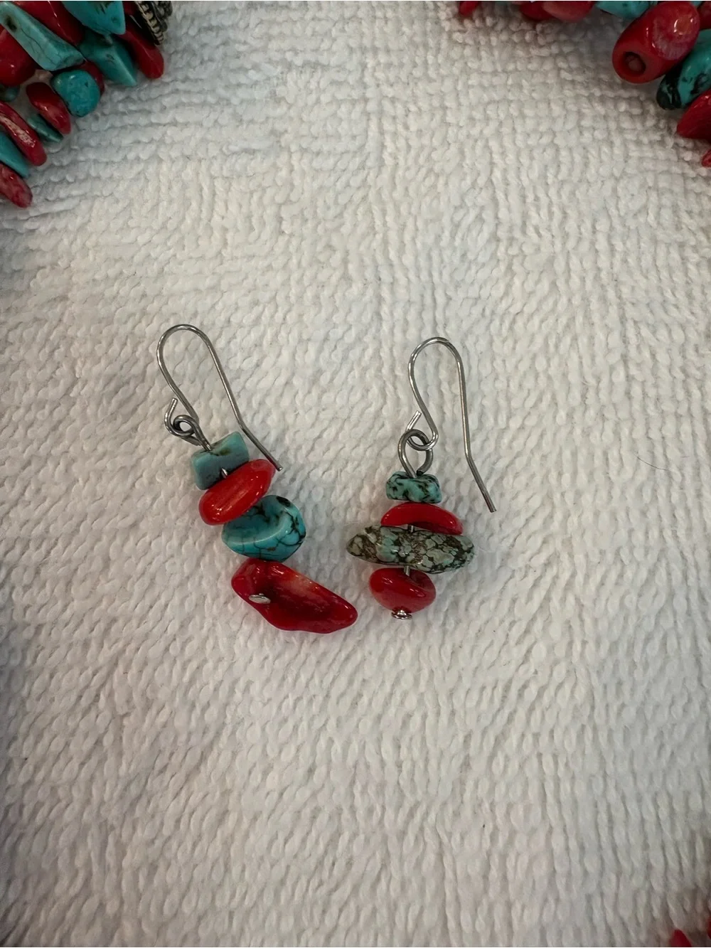 Turquoise and Red Coral Bead Necklace & Earring Set - Women Jewelry